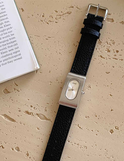 Rectangular Steel Dial Leather Strap Watch
