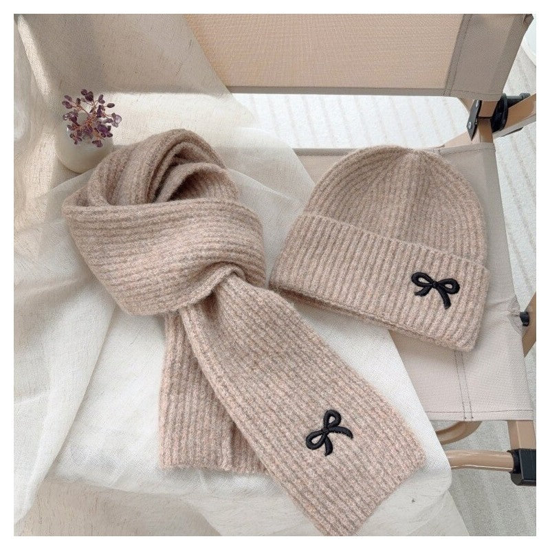 Kids Knit Bow Embroidered Hat Scarf Set