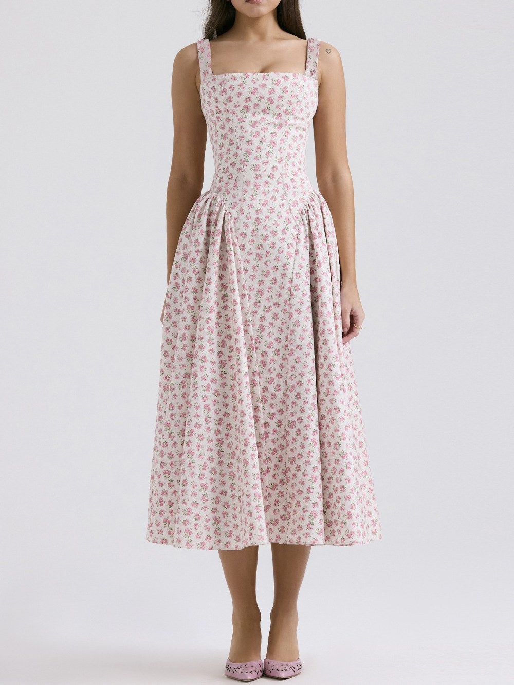 Flower Print Square Collar Spaghetti Dress