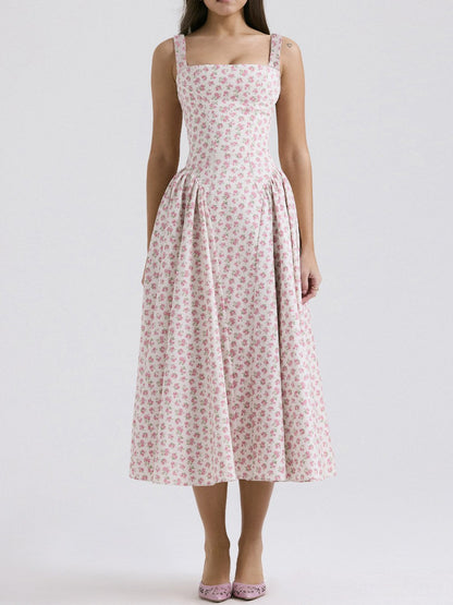Flower Print Square Collar Spaghetti Dress