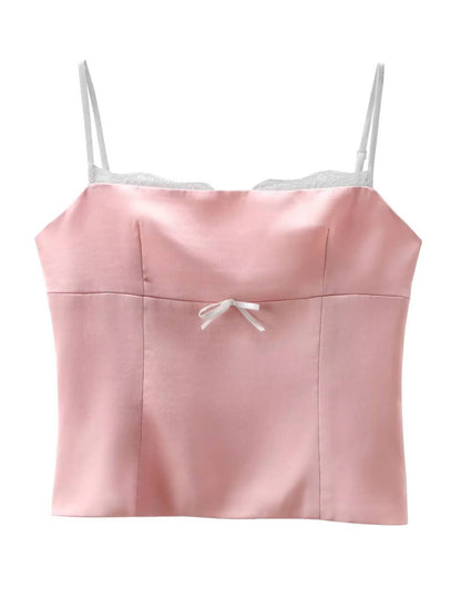 Elegant Satin Spaghetti Strap Lace Trim Top