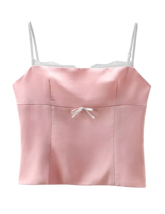 Elegant Satin Spaghetti Strap Lace Trim Top