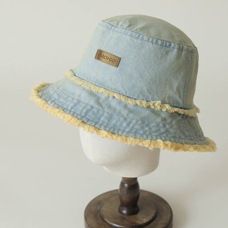 Denim Washed Distressed Frayed Bucket Hat