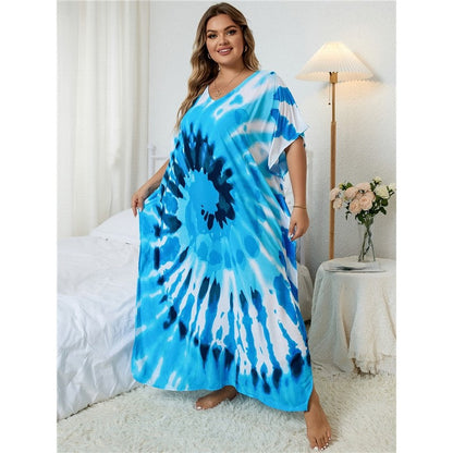 Contrast Color Printing V-Neck Short Sleeve Casual Loose Long Beach Dress Bikini Cover-Up