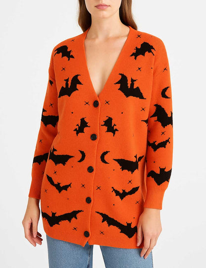 Halloween Bat Jacquard Long Knit Cardigan
