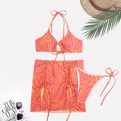 Striped Split Three-Piece Printed Bikini Swimsuit