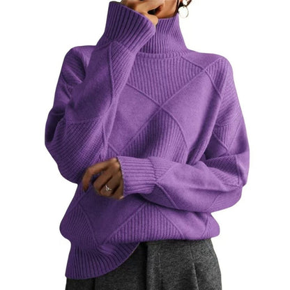 Fashion High Neck Diamond Texture Solid Color Pullover