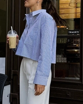 Striped Lapel Button Down Short Shirts