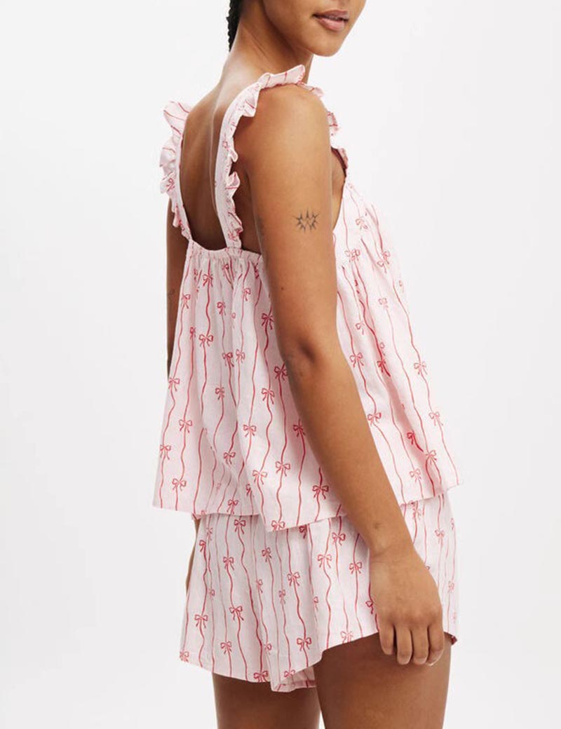 Sweet Bow Print Ruffle Loungewear Set