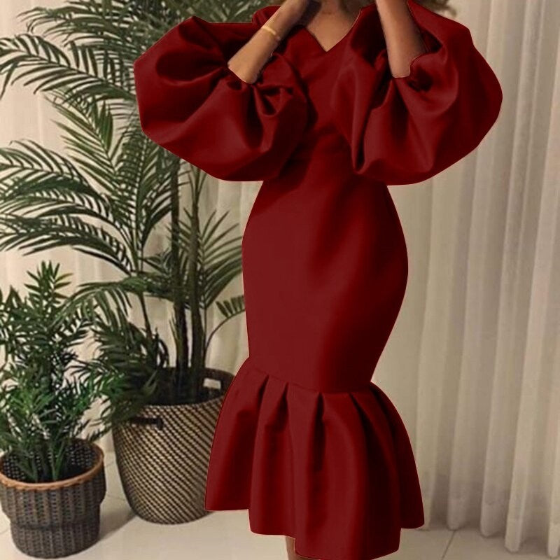 Solid Color V-Neck Bubble Long Sleeve Tail Gown Dresses