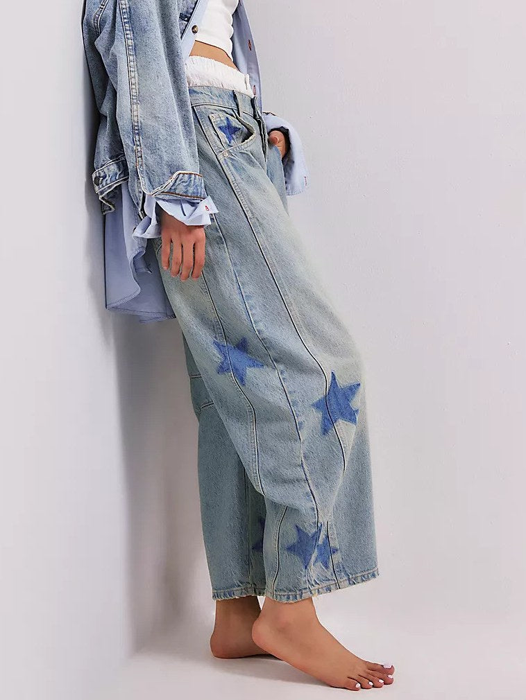 Love Star Print Loose Midi Waist Jeans