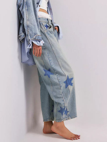 Love Star Print Loose Midi Waist Jeans
