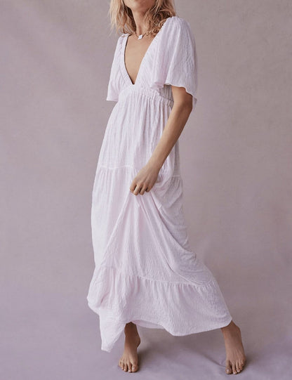 V-Neck Backless Short Sleeves Maxi Dress