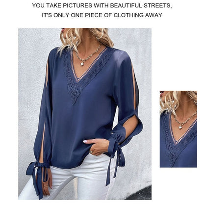 Long Sleeves V-Neck Solid Color Hollow Blouse Top