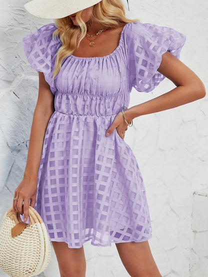 Off Shoulder Puff Sleeves Pleated Mini Dress