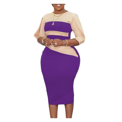 Plus Size OL Split Sleeve Colorblocking Hipster Dress