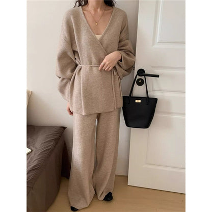 Knit Cardigan With Wide-Leg Pants Set American Retro Style Two-Piece