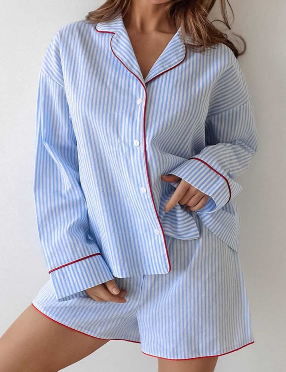 Striped Loose Shirt Shorts Loungewear Set