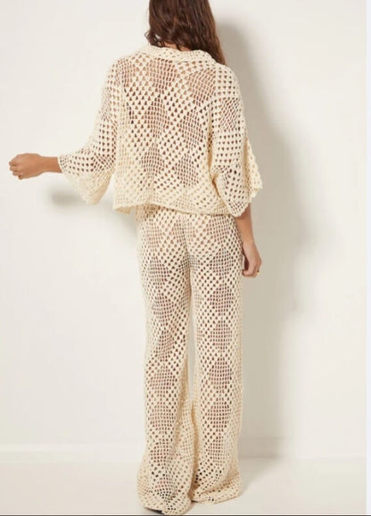 Solid Color Plaid Hollow Out Knit Beach Set