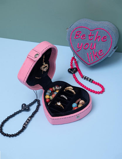 Vintage Heart Shape Embroidered Flower Jewelry Case