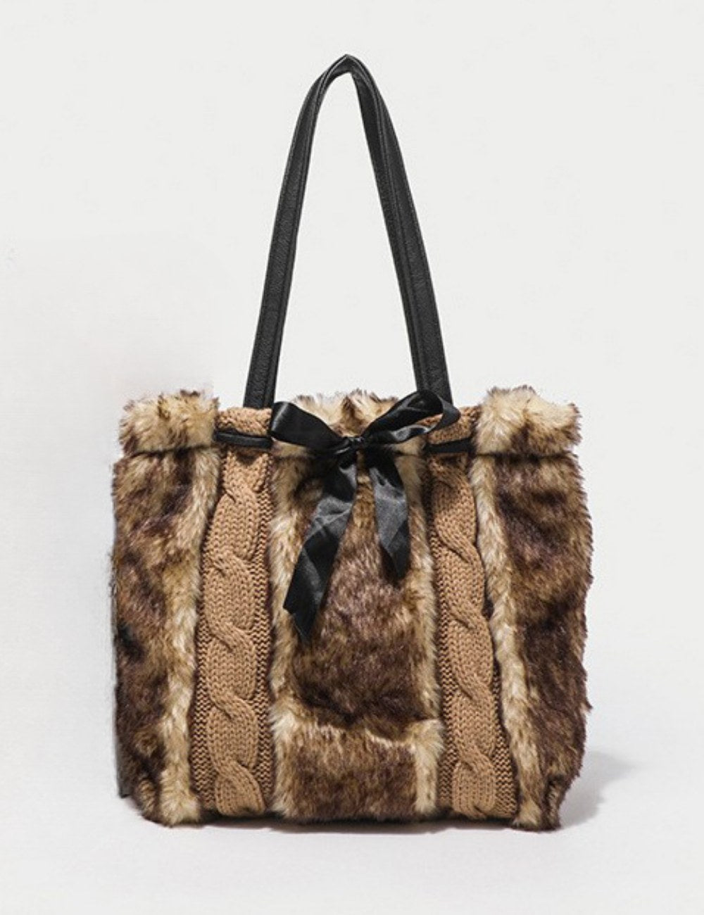 Leopard Knit Patchwork Plush Shoulder Tote Bag