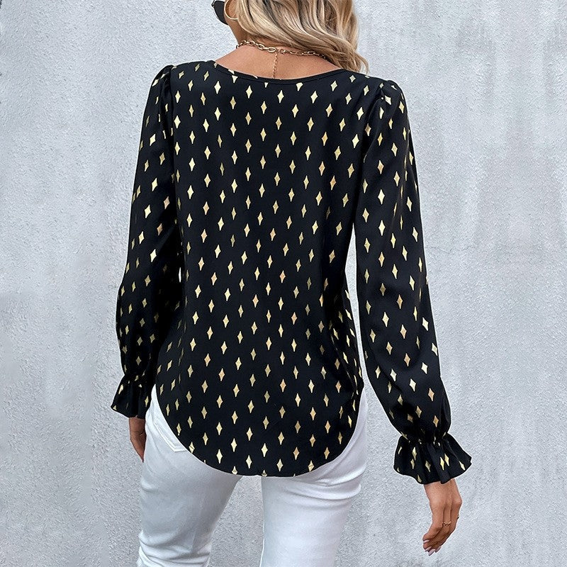 Long Sleeves Crewneck Printing Elegant Blouse Top