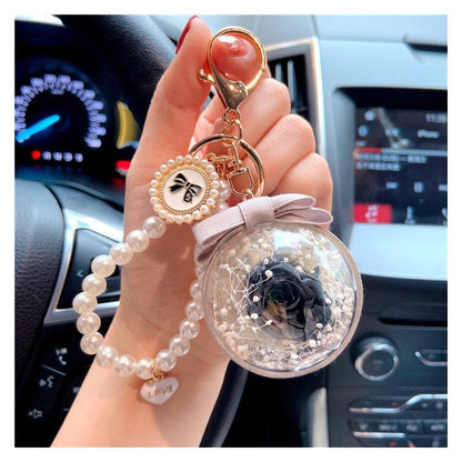 Bow Pearl Chain Keychain With Preserved Flower