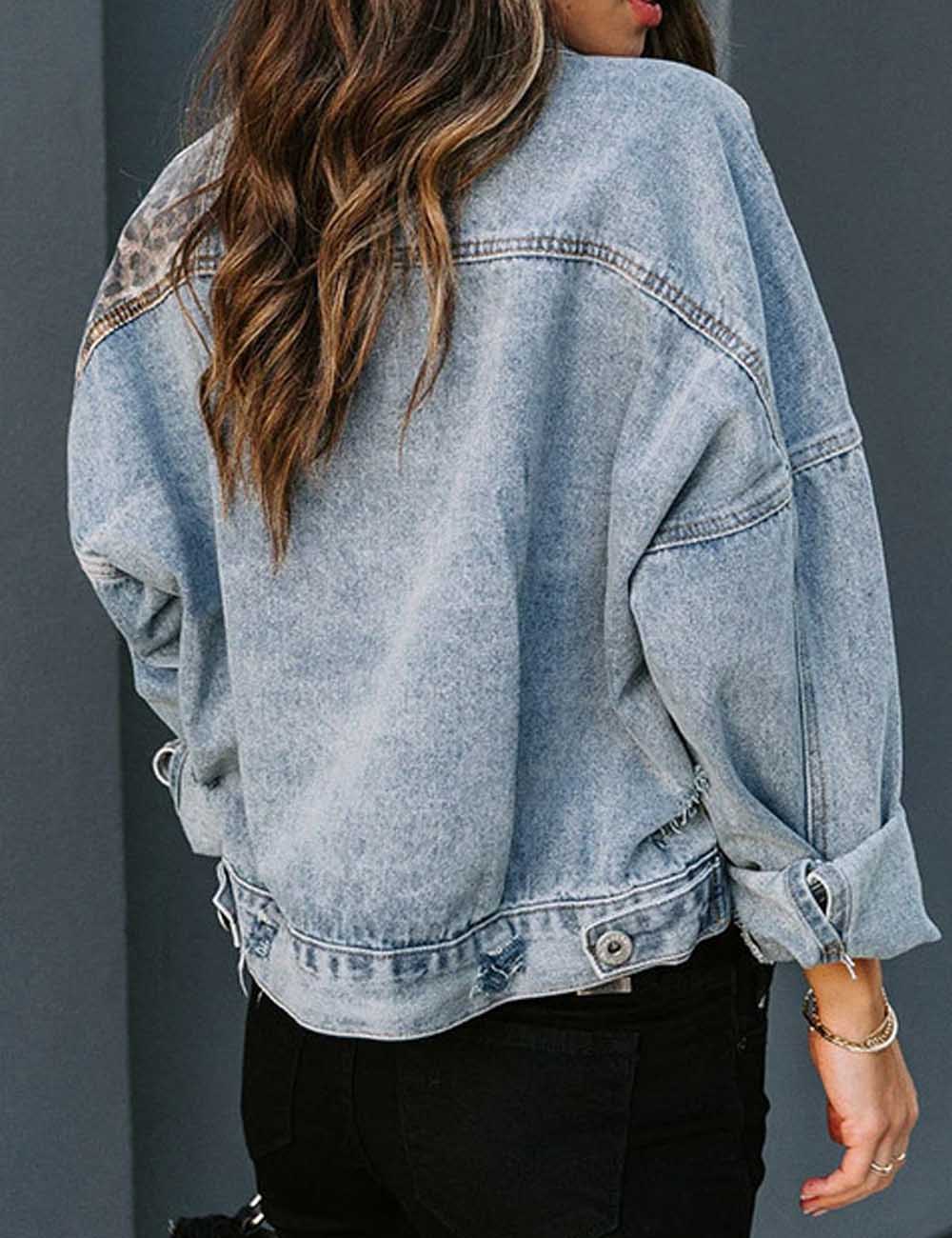 Trendy Leopard Print Splice Ripped Denim Jacket