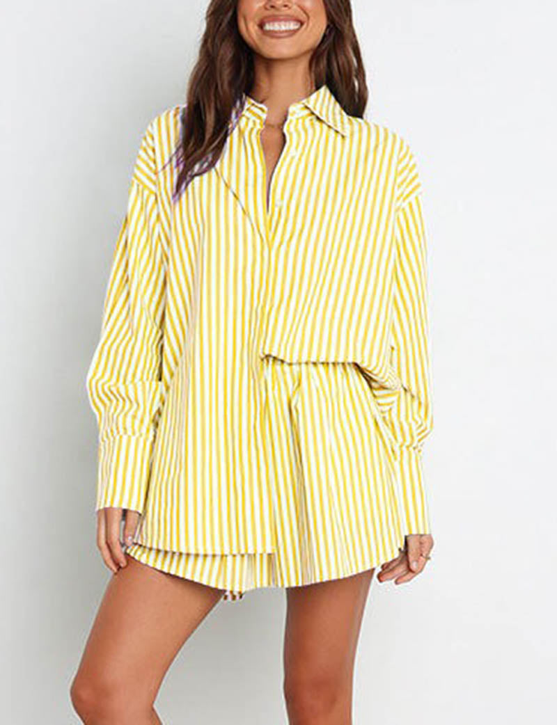 Stripe Color Block Split Shirt Short Set