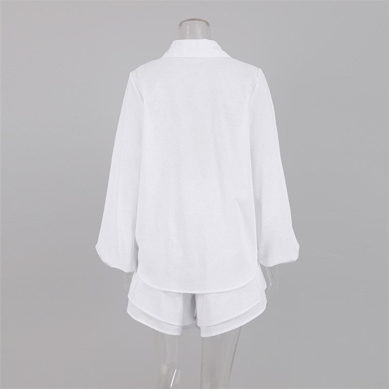 Solid Color Long Sleeve Top With Ruffle Hem Shorts Set