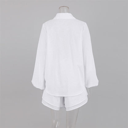 Solid Color Long Sleeve Top With Ruffle Hem Shorts Set