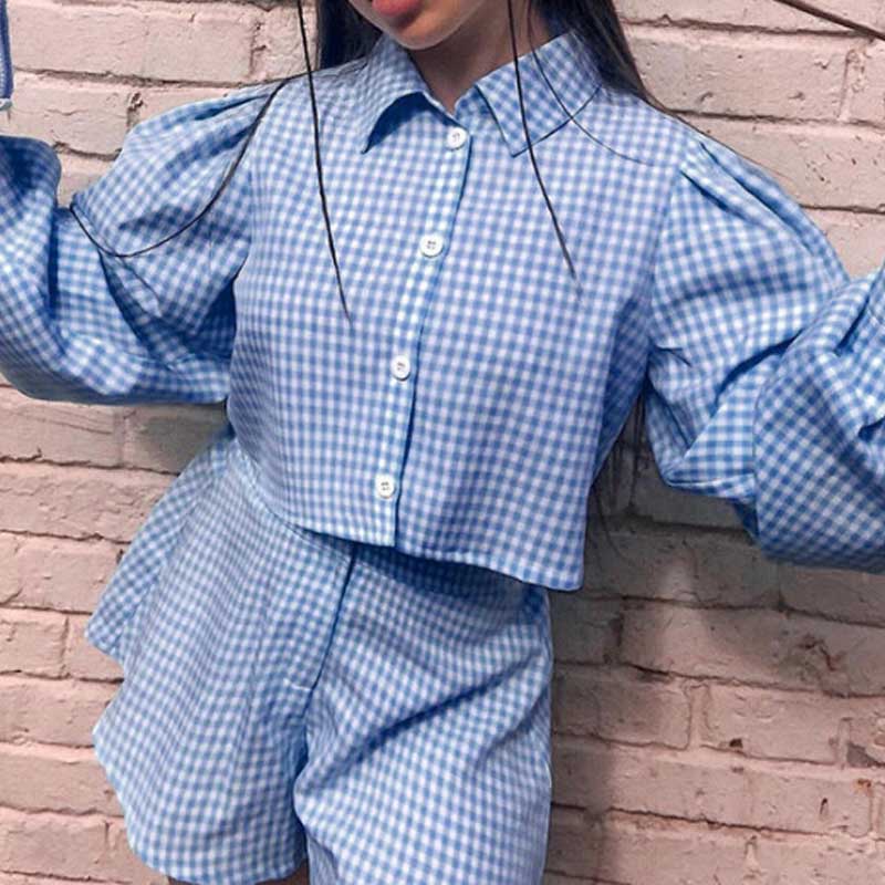 Elegant Lapel Collar Plaid Shirt Shorts Sets