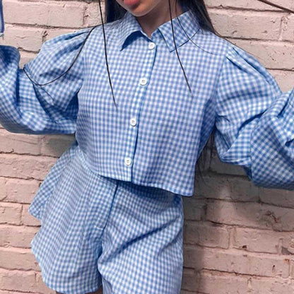 Elegant Lapel Collar Plaid Shirt Shorts Sets