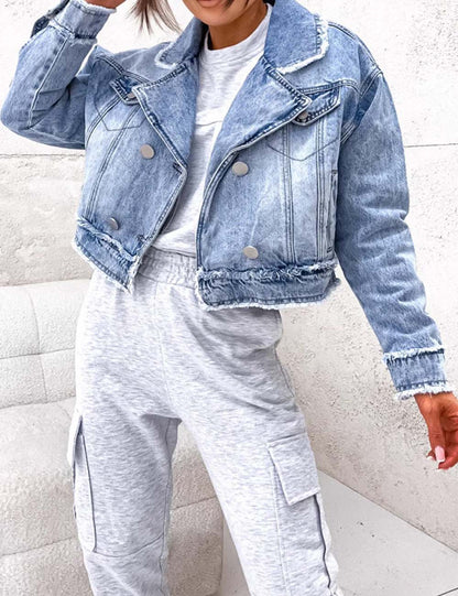 Denim Washed Lapel Collar Frayed Hem Jacket
