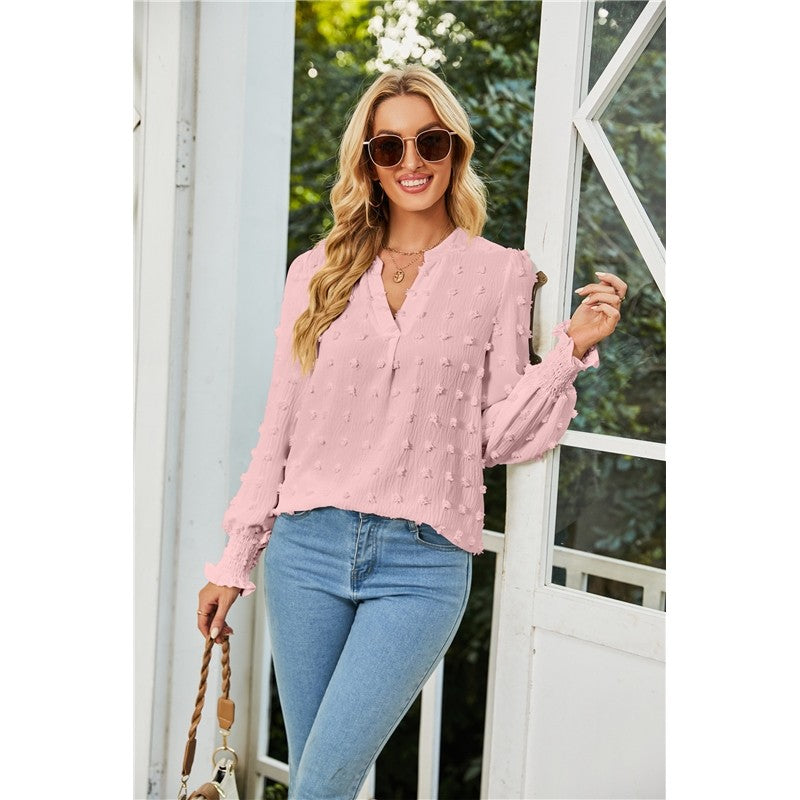 Solid Color V-Neck Long Sleeves Dots Blouse Top