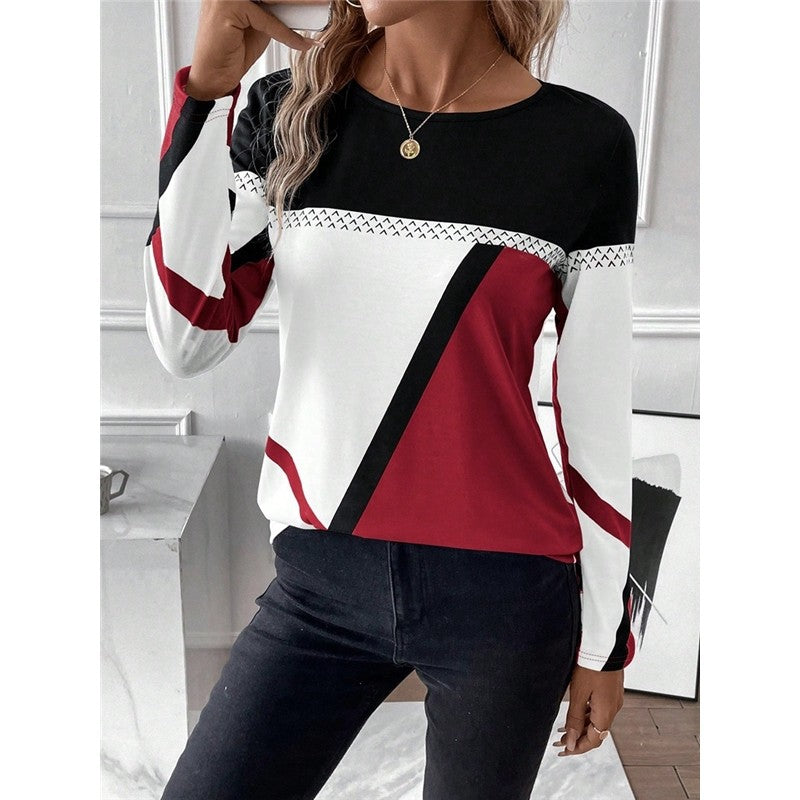 Round Neck Contrast Patchwork Geometric Print T-Shirt