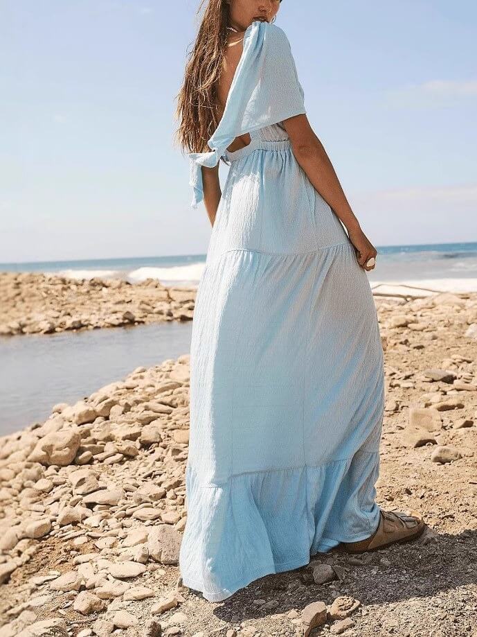 V-Neck Backless Short Sleeves Maxi Dress