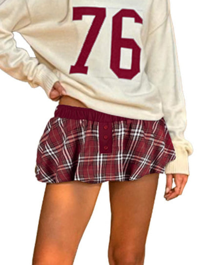 Color Block Plaid Button Mini Skirt