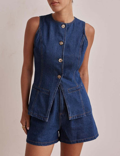 Sleeveless Button Vest Short Denim Set