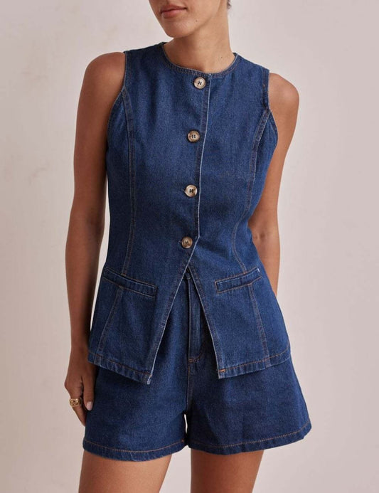 Sleeveless Button Vest Short Denim Set
