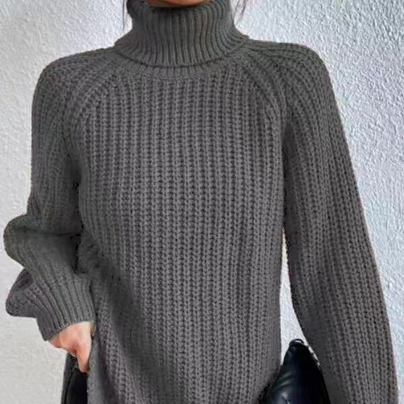 High Collar Raglan Sleeve Sweater Mid-Length Slit Hem Sweater
