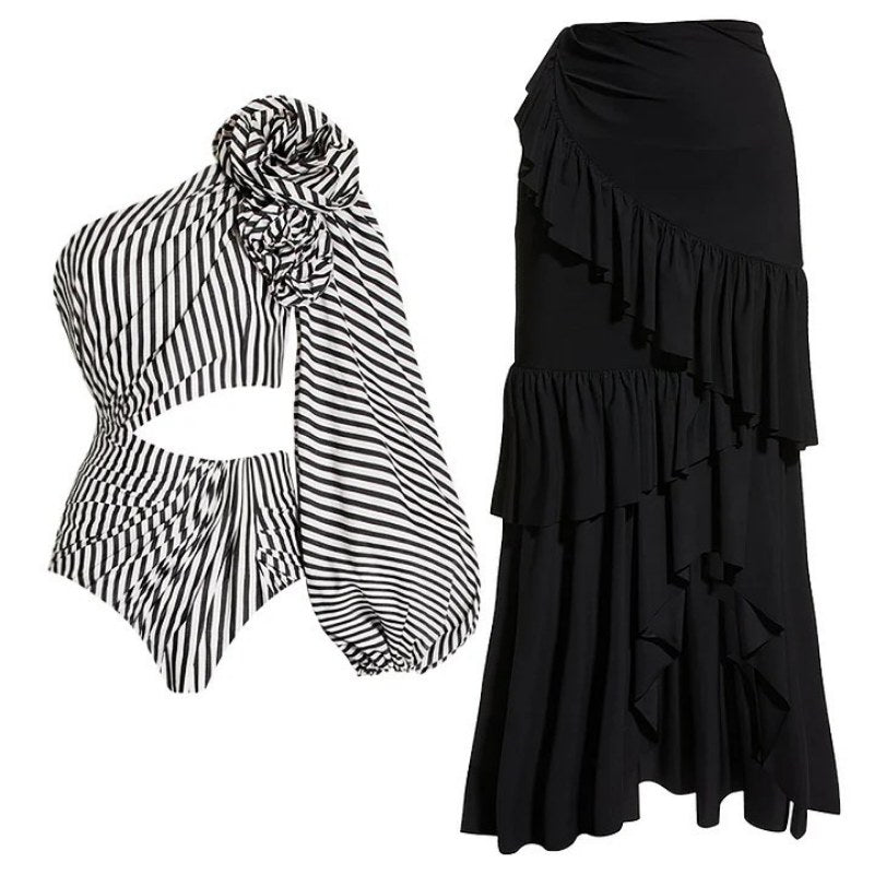 Striped Flower Swimwear With Reffle Cover