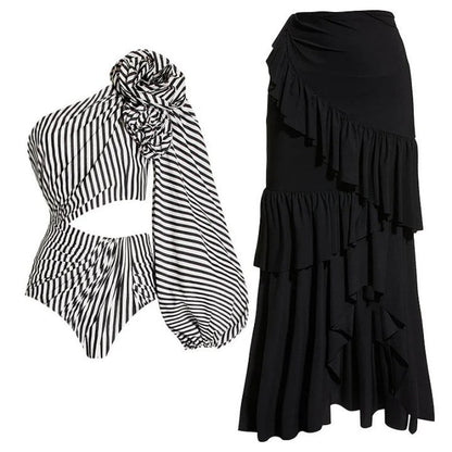 Striped Flower Swimwear With Reffle Cover
