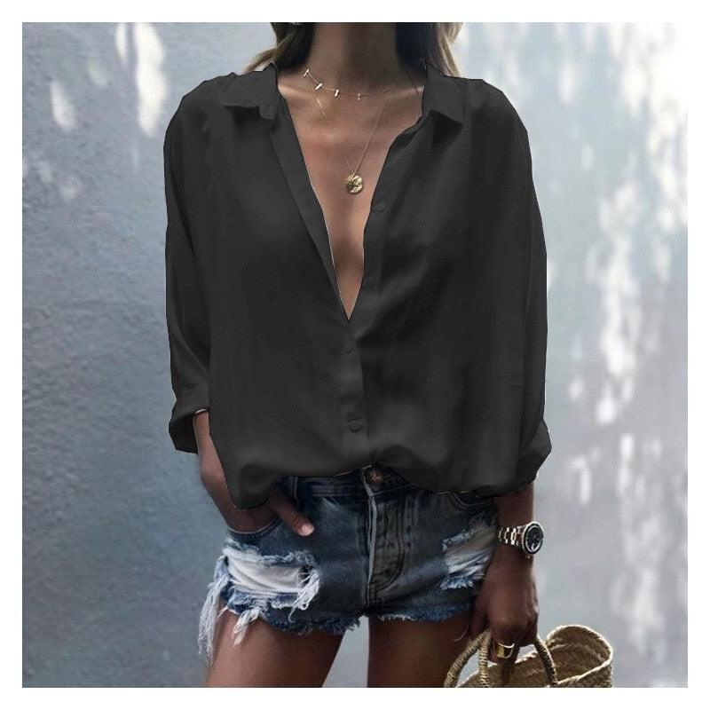 Ladies Deep V Neck Button Chiffon Shirt