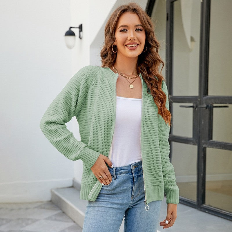 Women's Solid Color Zip Up Knit Cardigan Sweater