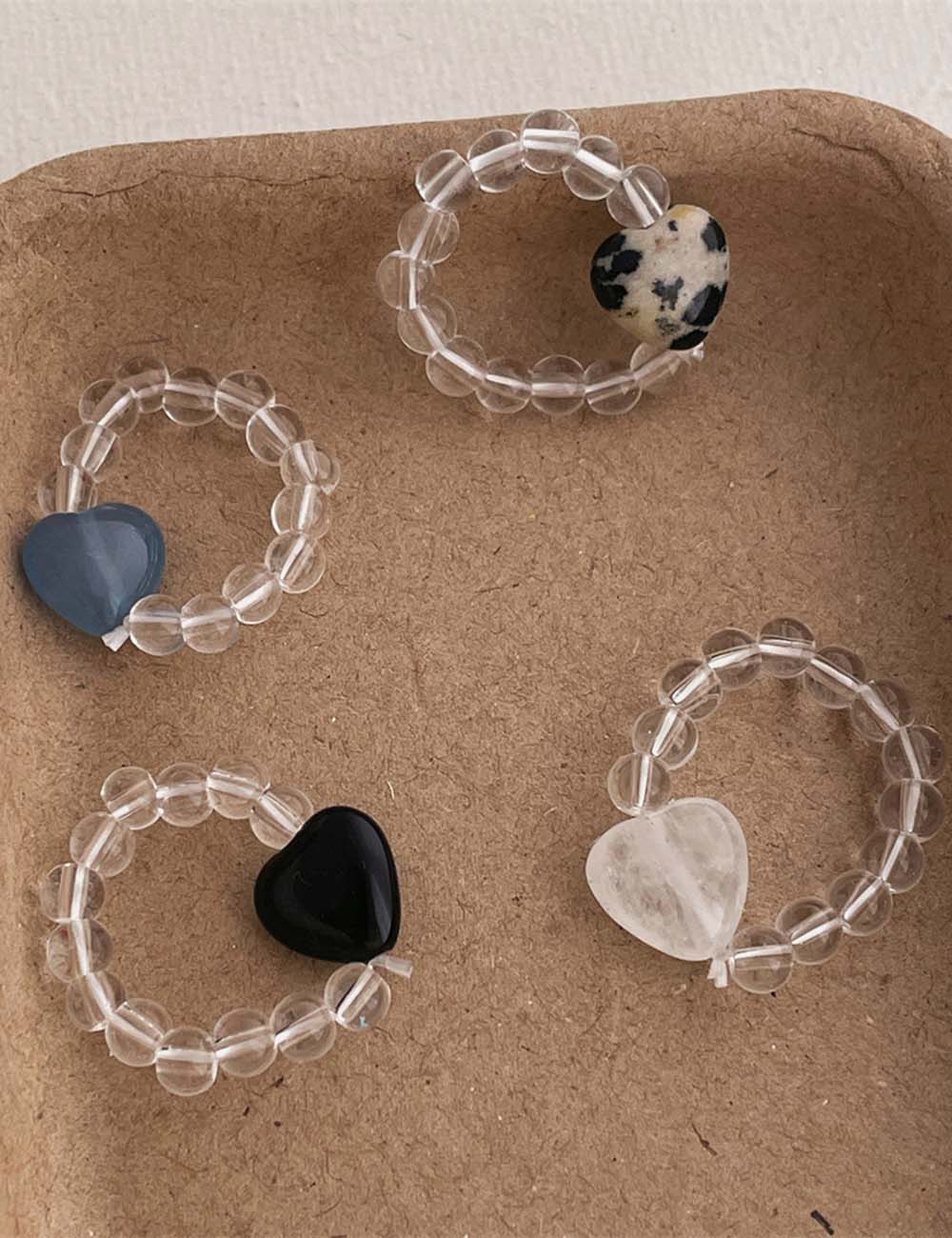 Transparent Raw Stone Heart Beaded Ring