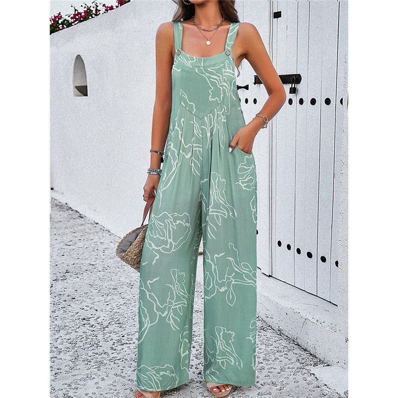 Contrast Color Printing Sleeveless Wide Leg Jumpsuits