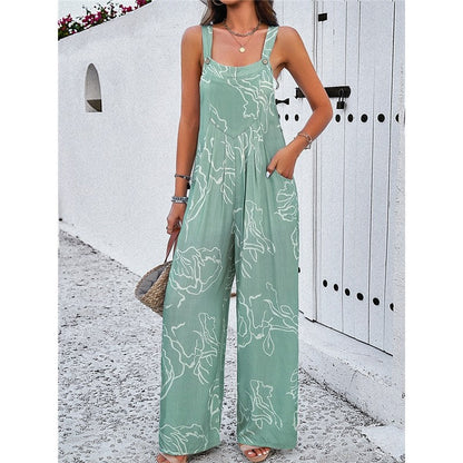 Contrast Color Printing Sleeveless Wide Leg Jumpsuits