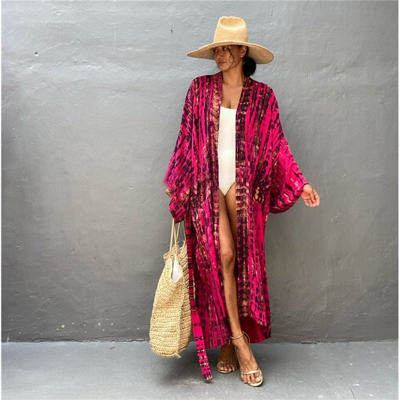 Long Sleeve Printing Waist Tied Casual Loose Long Beach Bikini Cardigan Cover-Up