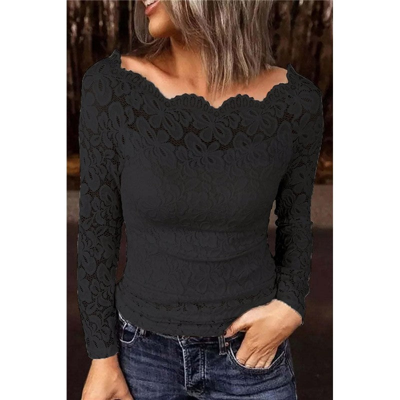 Off-Neck Lace Panel Long-Sleeved Shirt